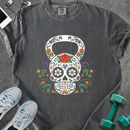 Pepper t-shirt with a floral skull kettlebell graphic in multicolor