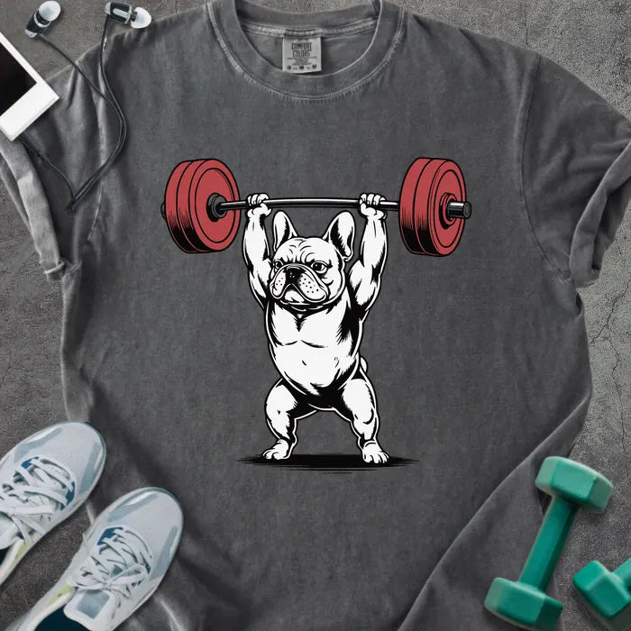Pepper t-shirt with a French bulldog lifting a barbell