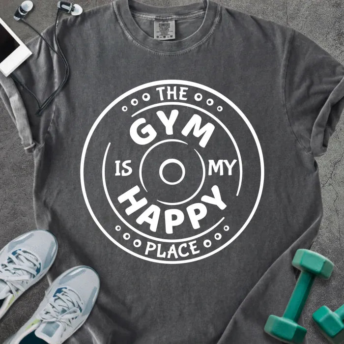 Pepper t-shirt printed with "The Gym is my Happy Place" in white, with a barbell graphic