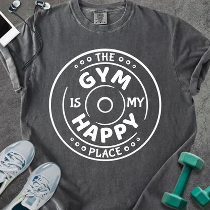 Pepper t-shirt printed with "The Gym is my Happy Place" in white, with a barbell graphic