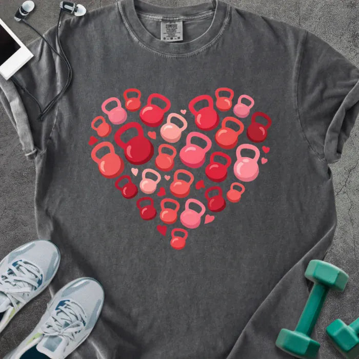 Pepper t-shirt with red kettlebells arranged in a heart shape in red and pink
