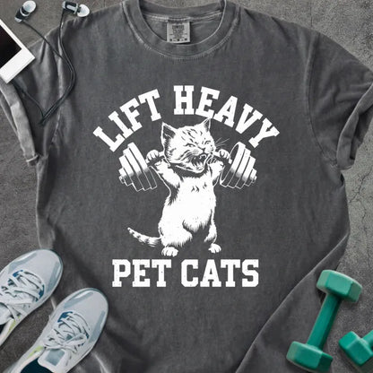 Pepper t-shirt printed with "Lift Heavy Pet Cats" in white, with a cat lifting a barbell