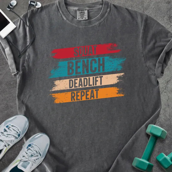 Pepper t-shirt printed with "Squat Bench Deadlift Repeat" in red, teal, tan, orange, with red, teal, tan, and orange paint-stroke bands behind the words