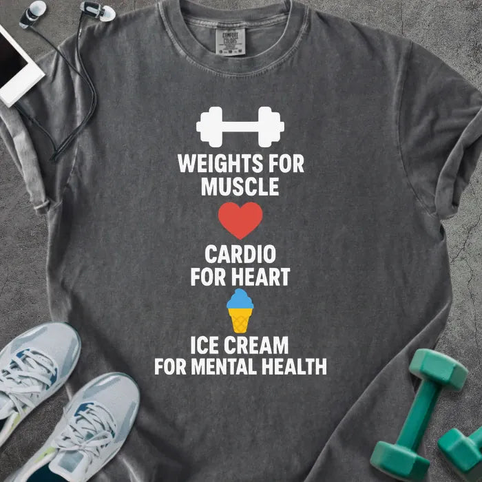 Pepper t-shirt printed with "Weights for Muscle Cardio for Heart Ice Cream for Mental Health" in red, blue, yellow, with a dumbbell, heart, and ice cream cone icon between the lines