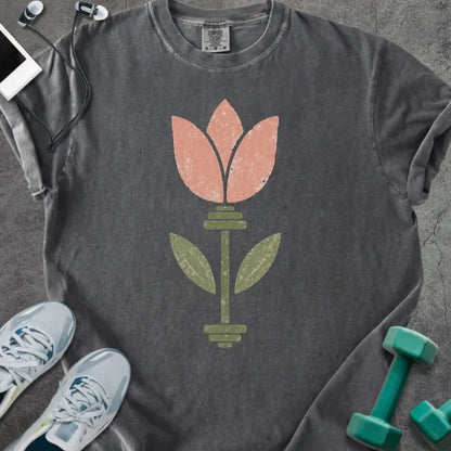 Pepper t-shirt with pink tulip flower and barbell in pink and green