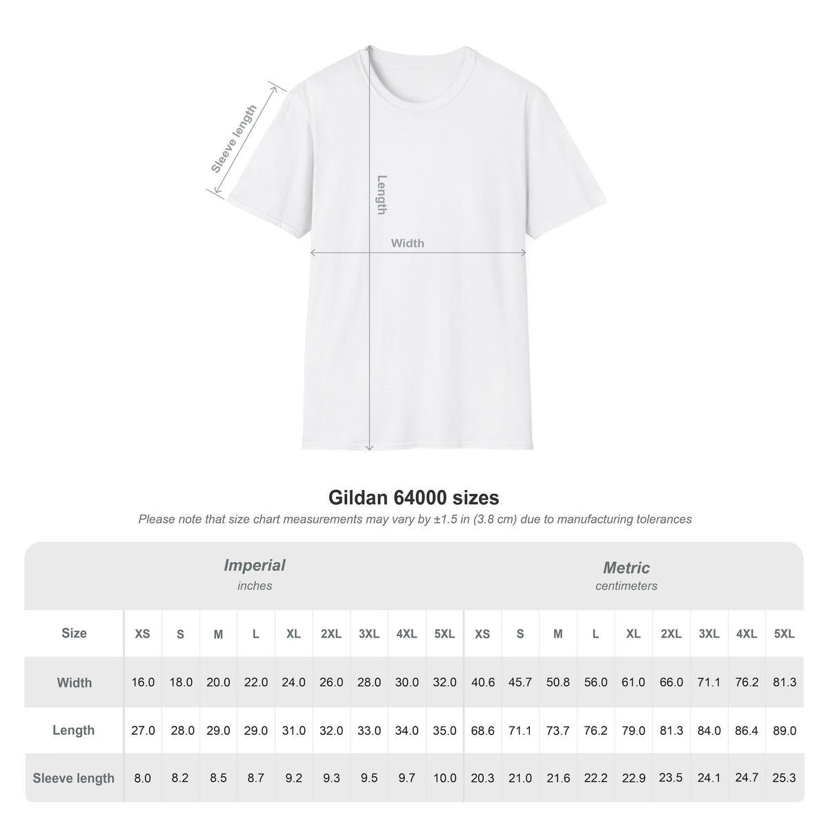 Gildan 64000 t-shirt size chart with width, length and sleeve length for each size