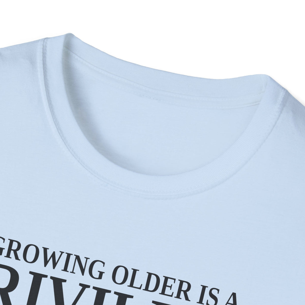 Close-up of the light blue t-shirt collar and the top of the print