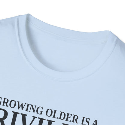 Close-up of the light blue t-shirt collar and the top of the print
