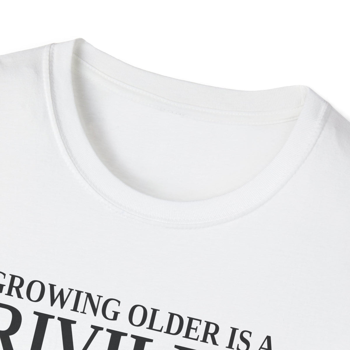 Close-up of the white t-shirt collar and the top of the print