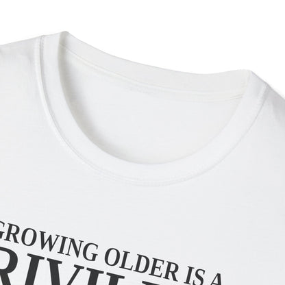 Close-up of the white t-shirt collar and the top of the print