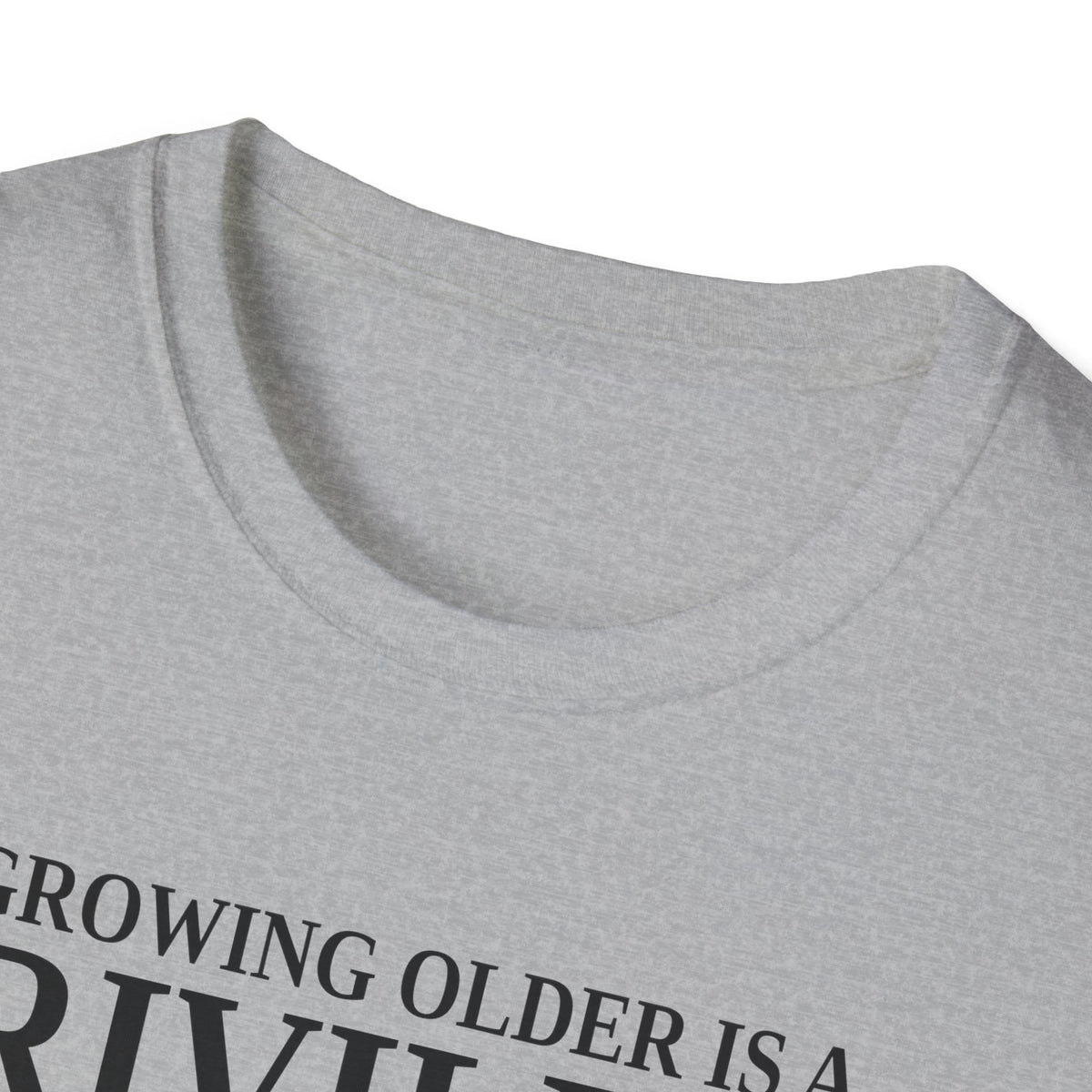 Close-up of the sport grey t-shirt collar and the top of the print