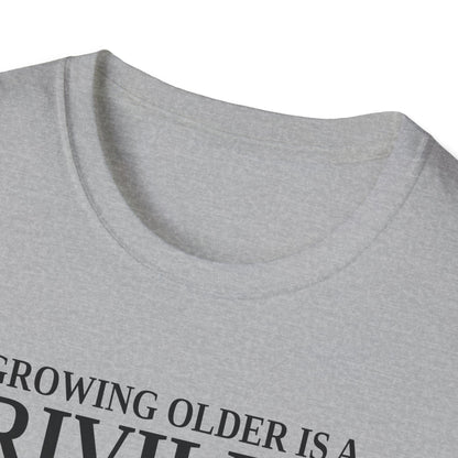 Close-up of the sport grey t-shirt collar and the top of the print
