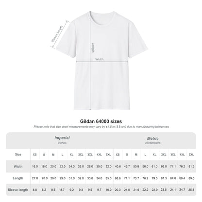 Gildan 64000 t-shirt size chart with width, length and sleeve length for each size