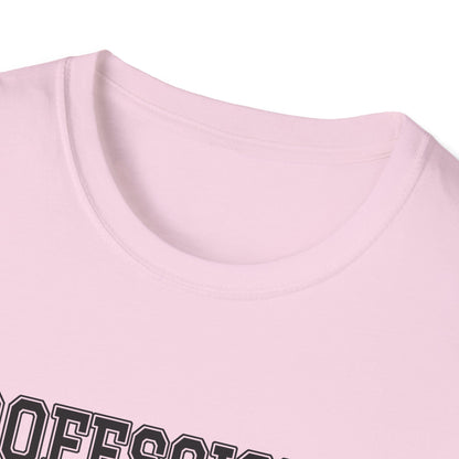 Close-up of the light pink t-shirt collar and the top of the print