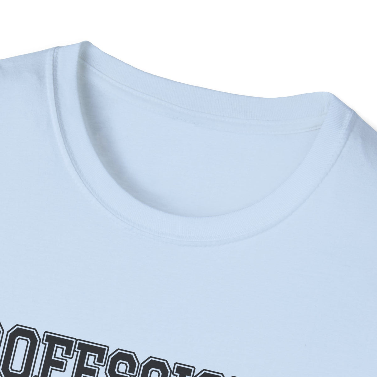 Close-up of the light blue t-shirt collar and the top of the print