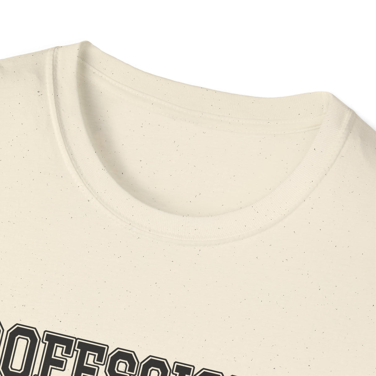 Close-up of the natural t-shirt collar and the top of the print