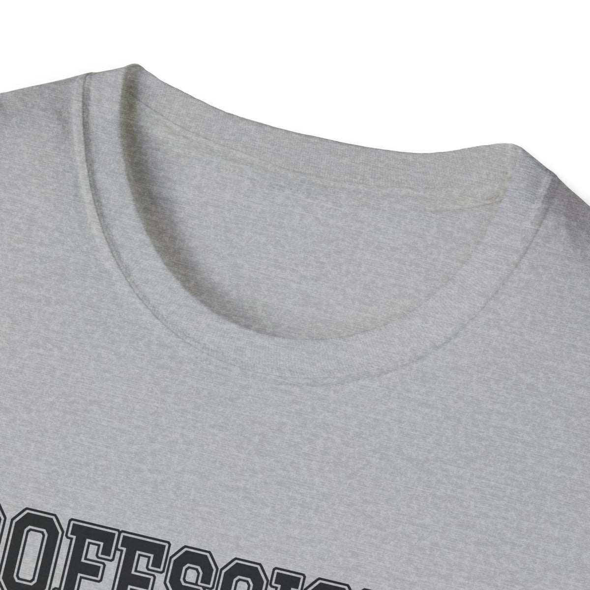 Close-up of the sport grey t-shirt collar and the top of the print
