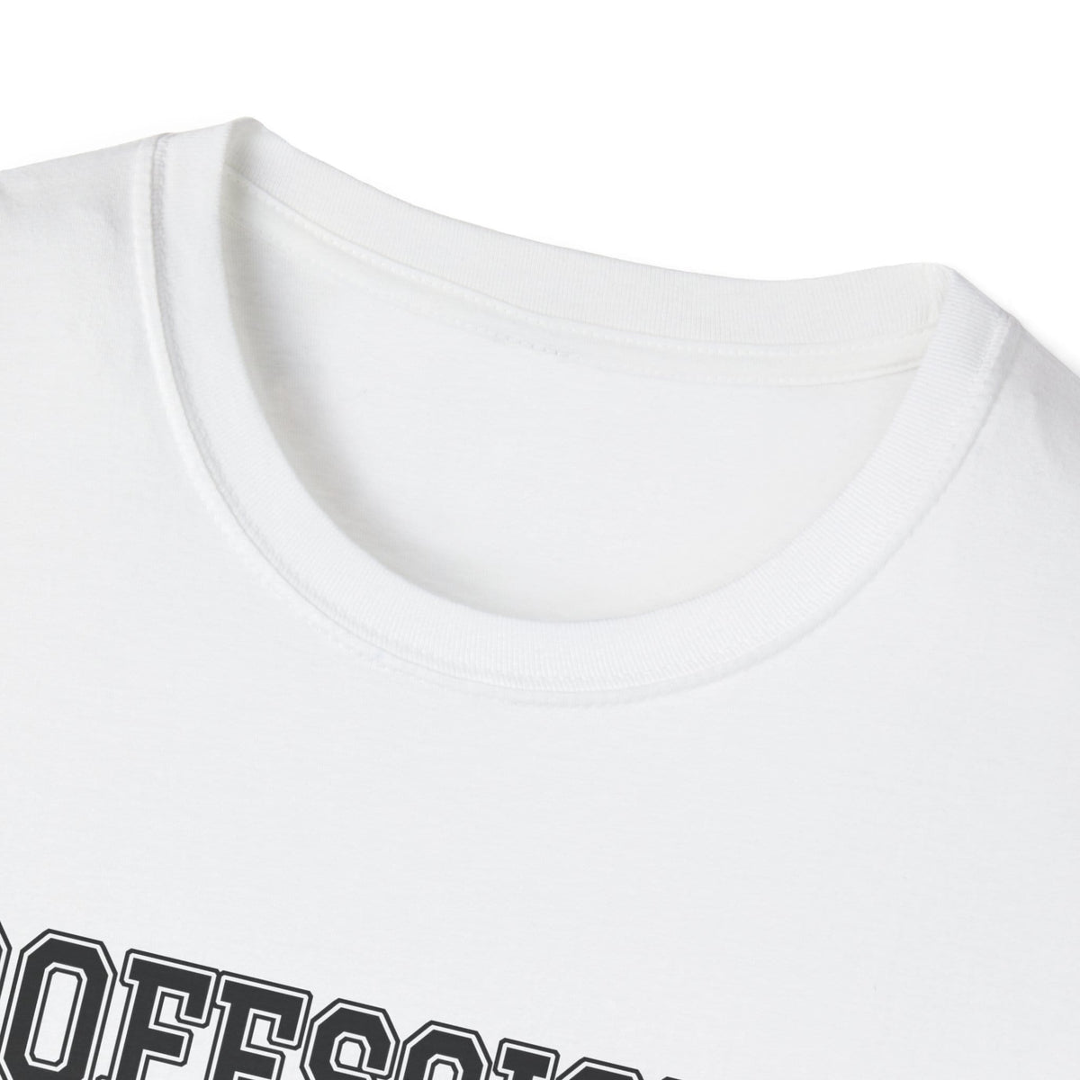Close-up of the white t-shirt collar and the top of the print