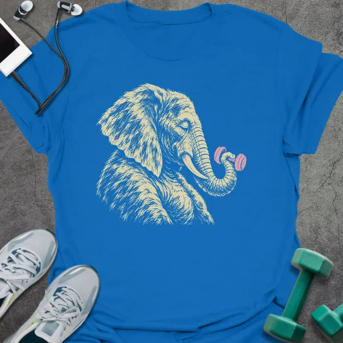 Royal blue t-shirt printed with a sketched elephant curling a pink dumbbell with its trunk