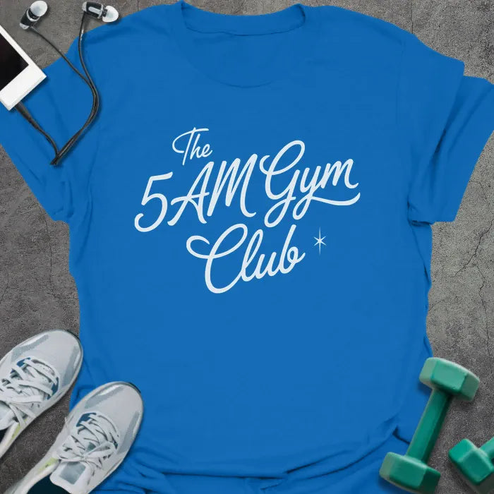 Royal blue t-shirt printed with "The 5AM Gym Club" in white