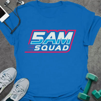 Royal blue t-shirt printed with "5AM Squad" in white, pink, and cyan, with racing-style stripe graphic