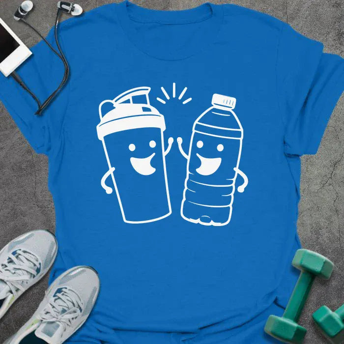 Royal blue t-shirt with a shaker cup and water bottle high-fiving each other