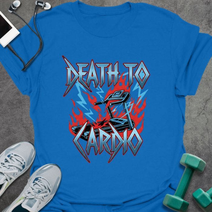 Royal blue t-shirt printed with "Death to Cardio" in red and blue, with metal band style graphics