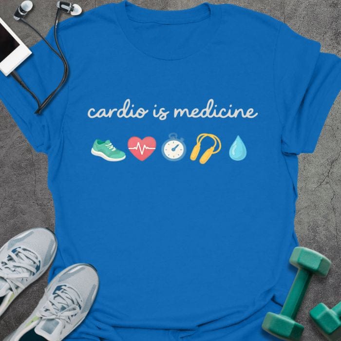 Royal blue t-shirt printed with "cardio is medicine" in green, red, blue, yellow, with emoji icons: shoe, heart, timer, headphones, water droplet