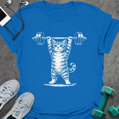 Royal blue t-shirt with an illustration of a cat doing an overhead press in white