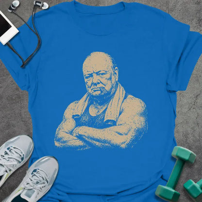 Royal blue t-shirt with a portrait of Winston Churchill flexing with crossed arms in white