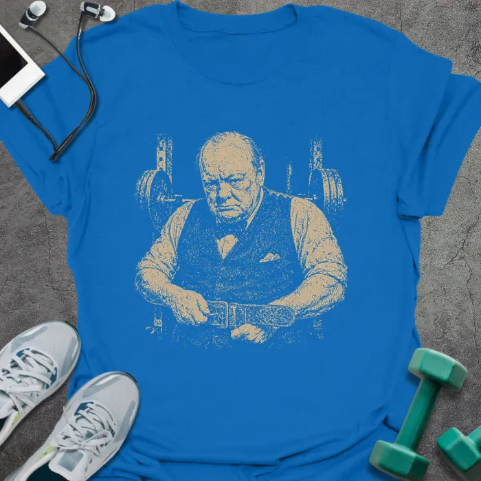 Royal blue t-shirt with a portrait of Winston Churchill in a tank top in white