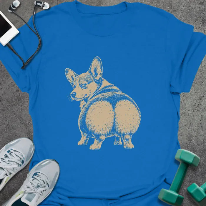 Royal blue t-shirt with an illustration of a Corgi flexing from behind in white