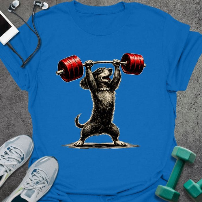 Royal blue t-shirt with an illustrated dachshund overhead pressing a red barbell in red