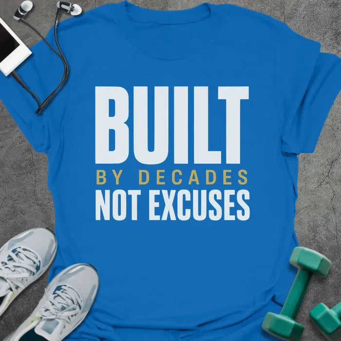Royal blue t-shirt printed with "Built By Decades Not Excuses" in white and gold