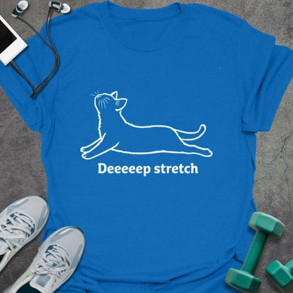 Royal blue t-shirt printed with "Deeeep stretch" in white, with an illustration of a cat stretching