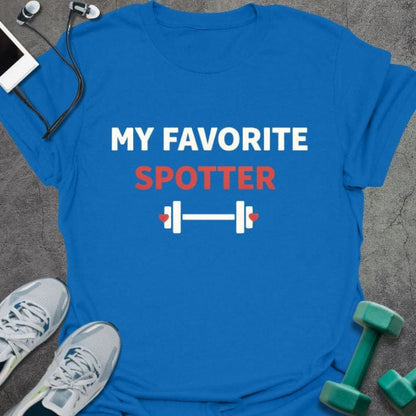 Royal blue t-shirt printed with "My Favorite Spotter" in red, with dumbbell icon