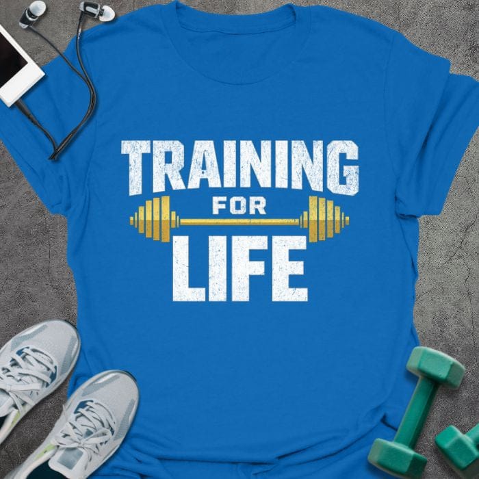 Royal blue t-shirt printed with "Training for Life" in white and gold, with a barbell icon in gold