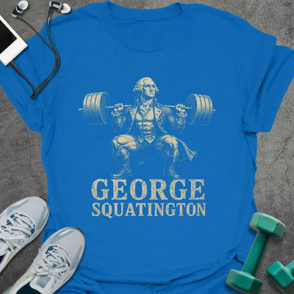 Royal blue t-shirt printed with "George Squatington" in white and gold, with a historical figure squatting with barbell graphic