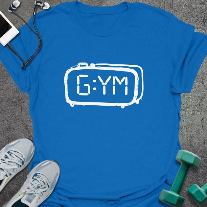Royal blue t-shirt printed with "G:ym", with a digital alarm clock outline around the text