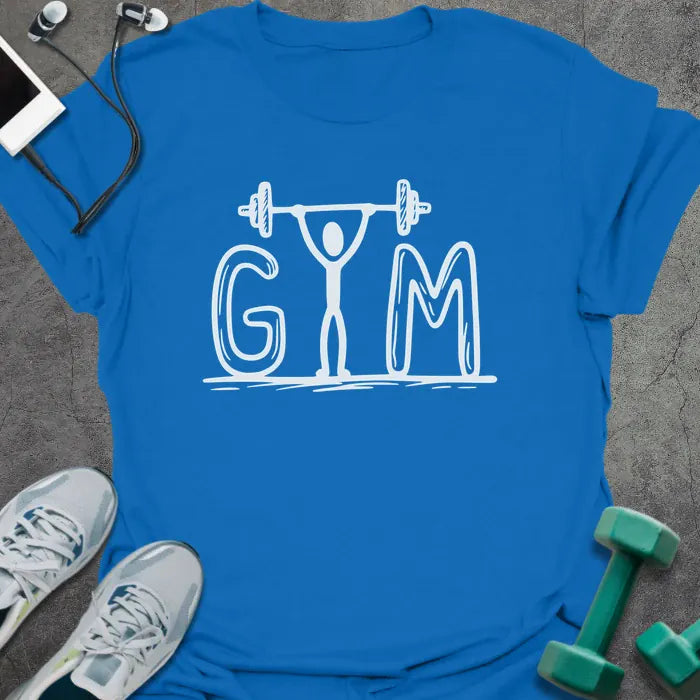Royal blue t-shirt printed with "Gym", with an illustration of a figure lifting barbell surrounded by letters G M