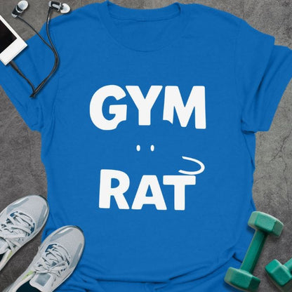 Royal blue t-shirt printed with "Gym Rat"