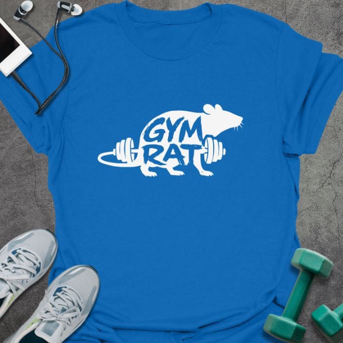 Royal blue t-shirt printed with "Gym Rat" in white, yellow, with a rat lifting a barbell