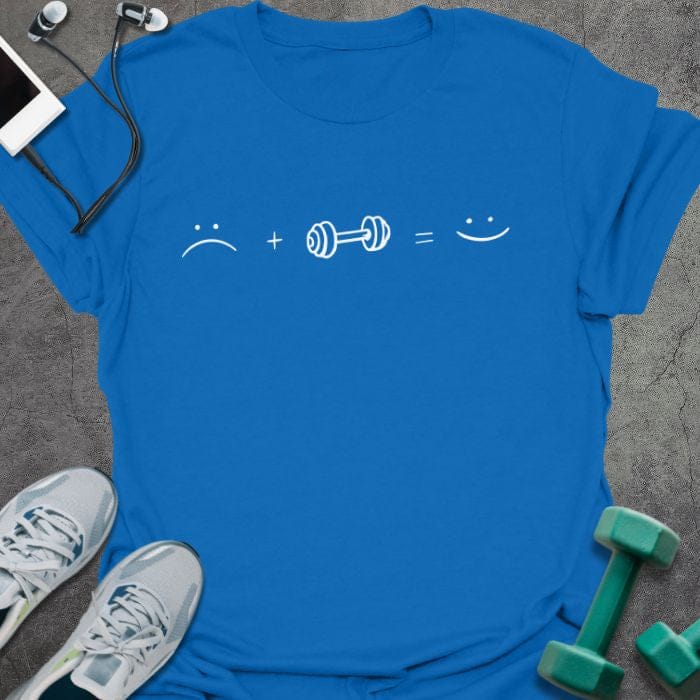 Royal blue t-shirt with a sad face plus a dumbbell equals a smiley face