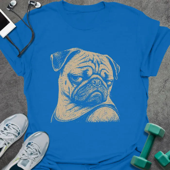 Royal blue t-shirt with an illustration of a Pug's face in white