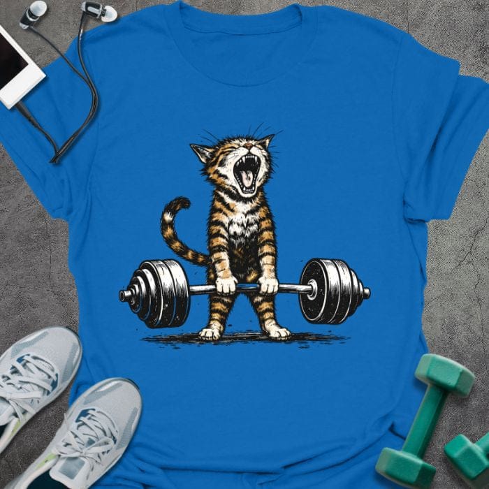 Royal blue t-shirt with an illustration of a tiger deadlifting a barbell in white and orange