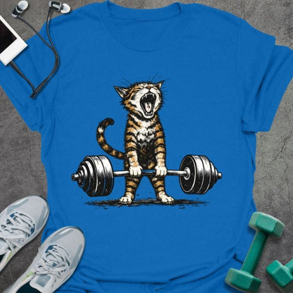 Royal blue t-shirt with an illustration of a tiger deadlifting a barbell in white and orange