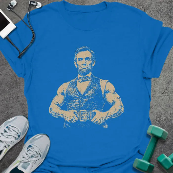 Royal blue t-shirt with a portrait of Abraham Lincoln flexing with crossed arms in white