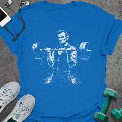 Royal blue t-shirt with Abraham Lincoln doing bicep curl graphic in white