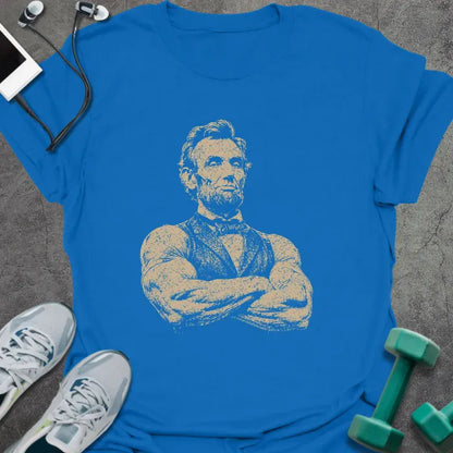 Royal blue t-shirt with a portrait of Abraham Lincoln with crossed arms in white