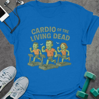 Royal blue t-shirt printed with "Cardio of the Living Dead" in green and white, with three zombies on treadmills
